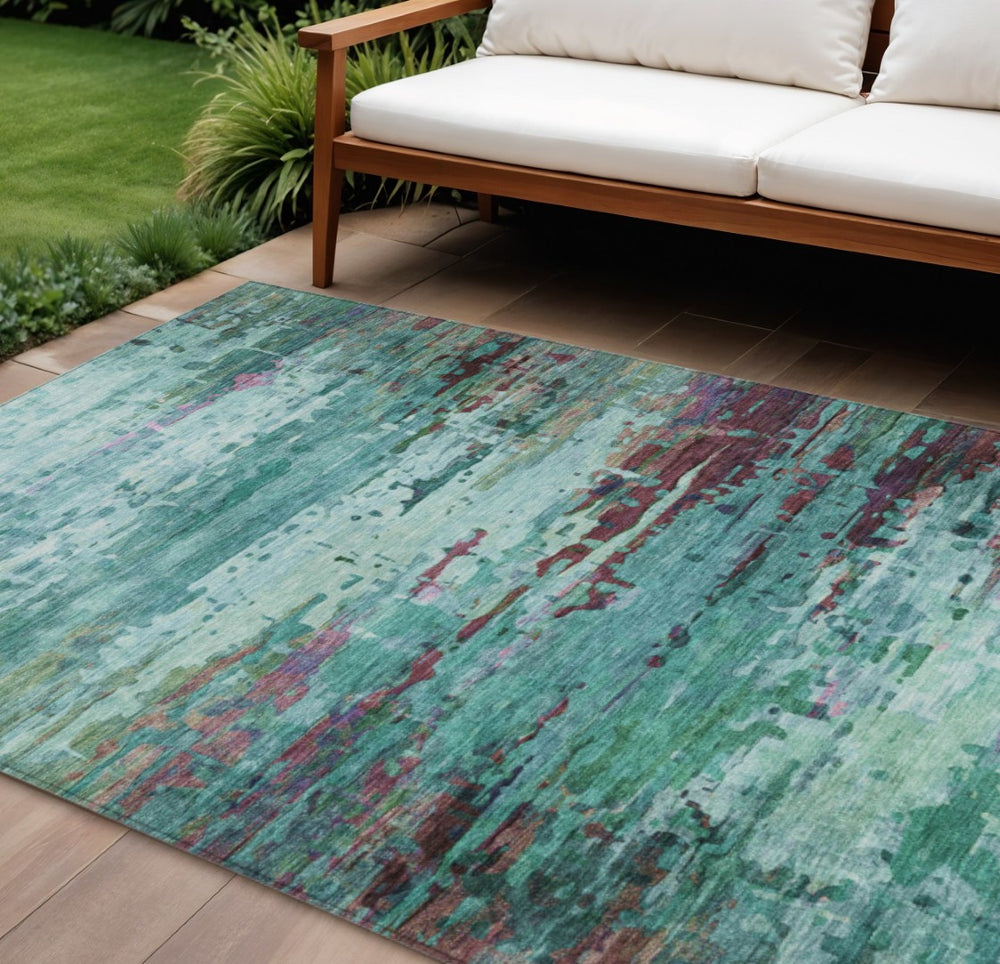 HomeRoots 10' Modern Teal Blue & Plum Abstract Washable Area Rug – Durable, Stylish for Indoor & Outdoor Use 629864