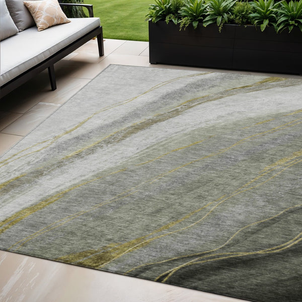 HomeRoots 5' Contemporary Artichoke Green & Gray Abstract Area Rug - Washable, Durable for Indoor & Outdoor Use 629866