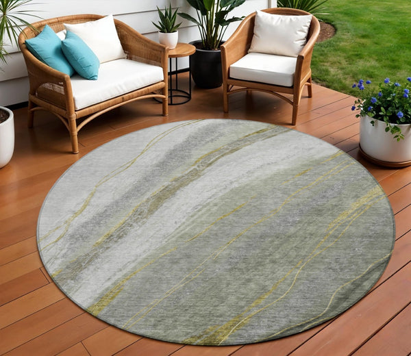 HomeRoots 8' Artichoke Green & Gray Round Abstract Area Rug - Washable, Durable, Modern Design for Indoors & Outdoors 629867