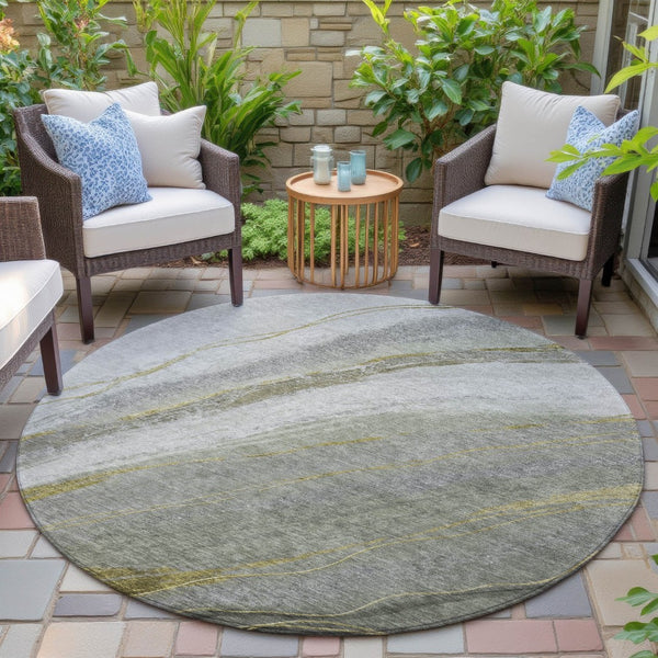 HomeRoots 8' Artichoke Green & Gray Round Abstract Area Rug - Washable, Durable, Modern Design for Indoors & Outdoors 629867