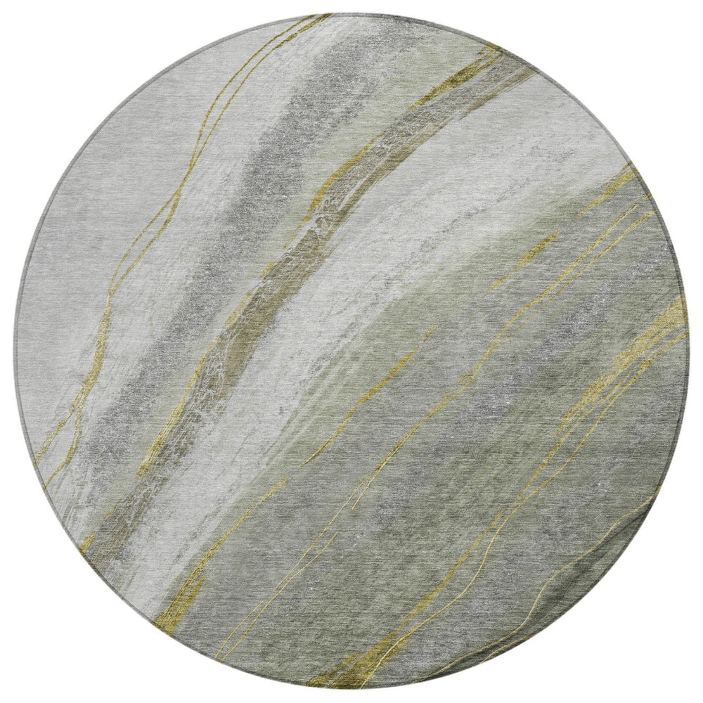 HomeRoots 8' Artichoke Green & Gray Round Abstract Area Rug - Washable, Durable, Modern Design for Indoors & Outdoors 629867