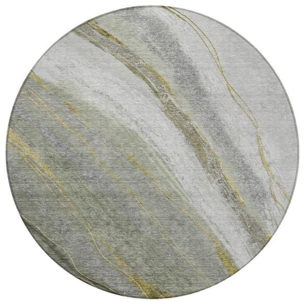 HomeRoots 8' Artichoke Green & Gray Round Abstract Area Rug - Washable, Durable, Modern Design for Indoors & Outdoors 629867