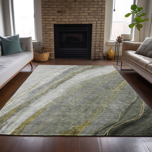 HomeRoots 9' X 12' Stylish Artichoke Green & Gray Abstract Area Rug - Washable, Durable & Versatile Design 629869