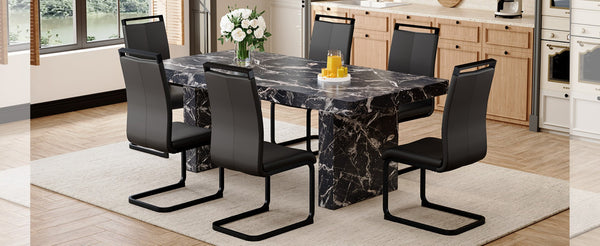 English Elm Table and Chair Set Seating 6 with Marble Mdf Top and Black Pu Upholstered W1151S03987