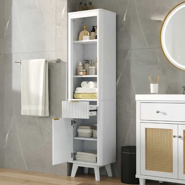 English Elm 68" Tall Fluted Freestanding Storage Cabinet with Drawer and Adjustable Shelf for Bathroom White N817P375218W