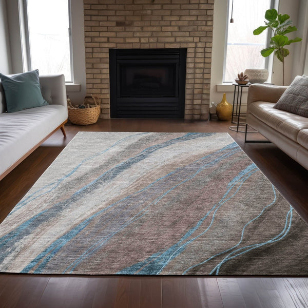HomeRoots 5' X 8' Stylish Brown and Teal Abstract Washable Area Rug for Indoor & Outdoor High-Traffic Spaces 629872