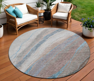 HomeRoots 8' Round Abstract Area Rug in Brown and Teal Blue – Washable, Durable, Indoor & Outdoor Use! 629873