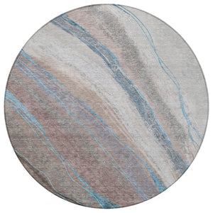 HomeRoots 8' Round Abstract Area Rug in Brown and Teal Blue – Washable, Durable, Indoor & Outdoor Use! 629873