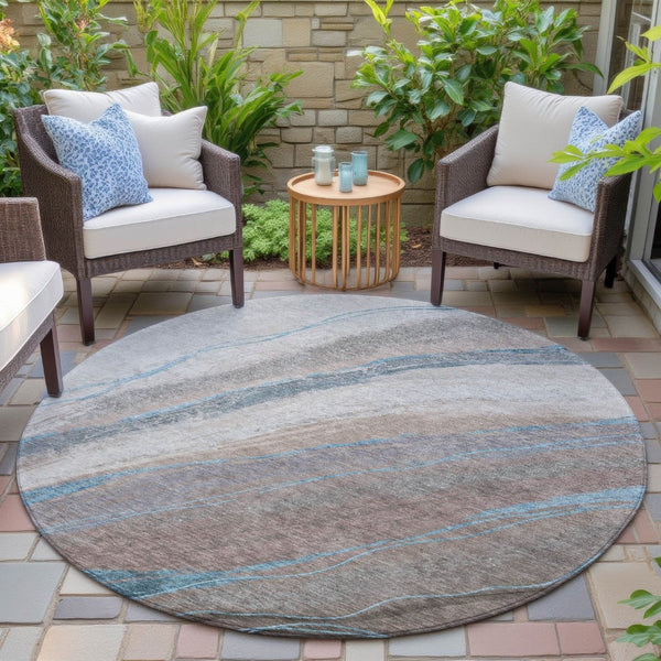 HomeRoots 8' Round Abstract Area Rug in Brown and Teal Blue – Washable, Durable, Indoor & Outdoor Use! 629873