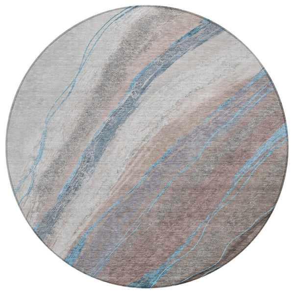 HomeRoots 8' Round Abstract Area Rug in Brown and Teal Blue – Washable, Durable, Indoor & Outdoor Use! 629873