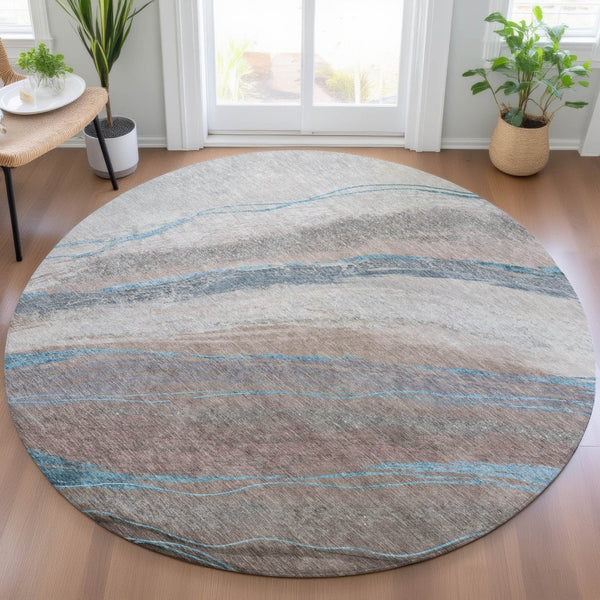 HomeRoots 8' Round Abstract Area Rug in Brown and Teal Blue – Washable, Durable, Indoor & Outdoor Use! 629873