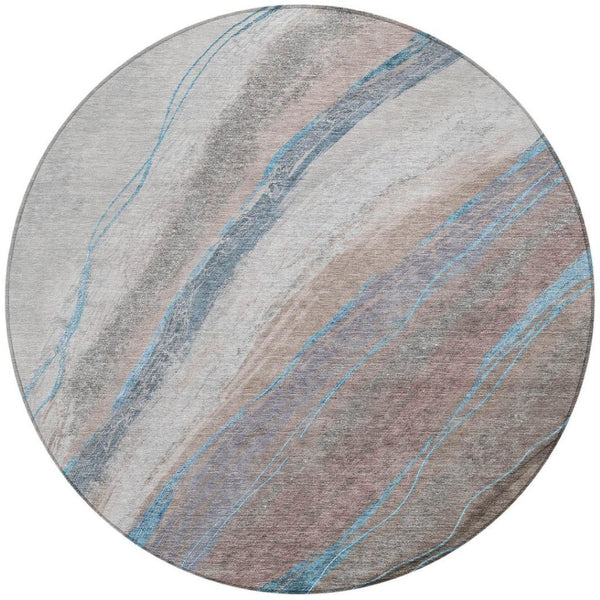 HomeRoots 8' Round Abstract Area Rug in Brown and Teal Blue – Washable, Durable, Indoor & Outdoor Use! 629873
