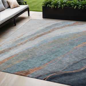 HomeRoots 5' X 8' Blue and Copper Abstract Washable Area Rug - Durable, Stylish, Indoor/Outdoor Versatility! 629878