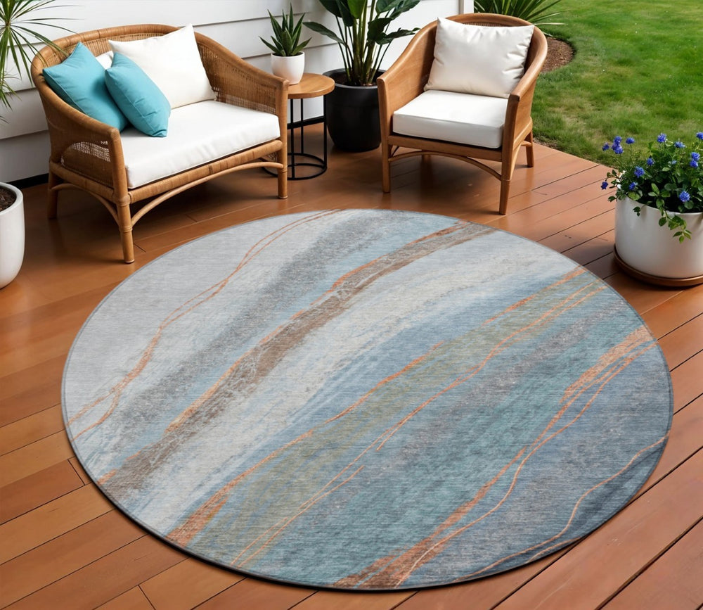 HomeRoots 8' Blue And Copper Round Abstract Area Rug - Stylish, Durable, Washable for Indoor & Outdoor Spaces 629879