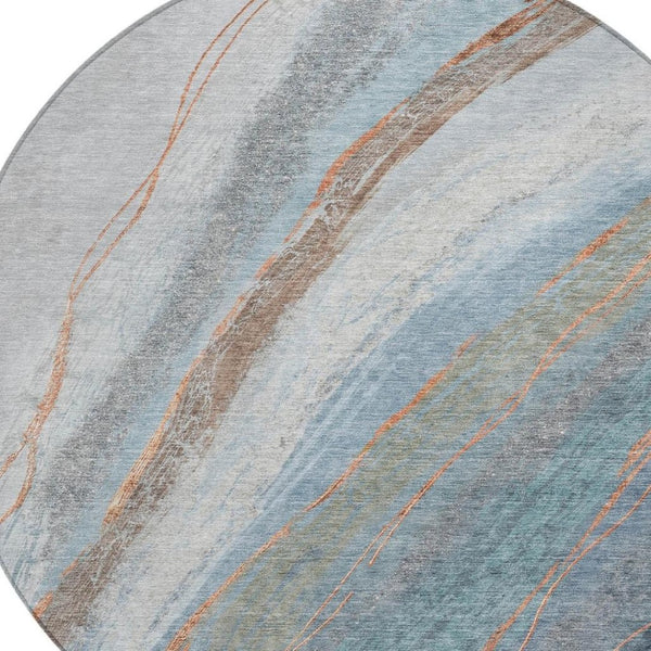 HomeRoots 8' Blue And Copper Round Abstract Area Rug - Stylish, Durable, Washable for Indoor & Outdoor Spaces 629879
