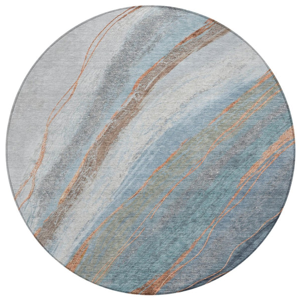 HomeRoots 8' Blue And Copper Round Abstract Area Rug - Stylish, Durable, Washable for Indoor & Outdoor Spaces 629879