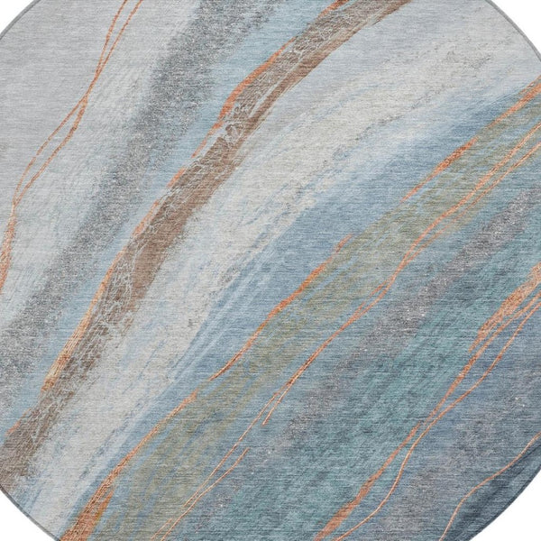 HomeRoots 8' Blue And Copper Round Abstract Area Rug - Stylish, Durable, Washable for Indoor & Outdoor Spaces 629879