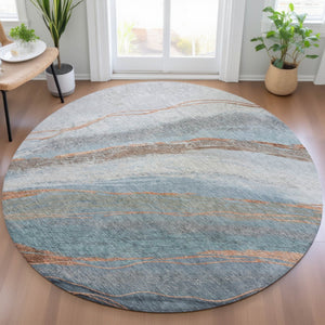 HomeRoots 8' Blue And Copper Round Abstract Area Rug - Stylish, Durable, Washable for Indoor & Outdoor Spaces 629879