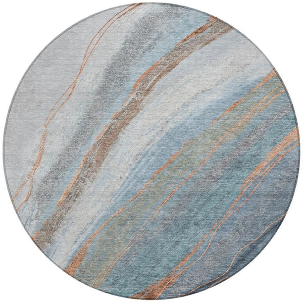 HomeRoots 8' Blue And Copper Round Abstract Area Rug - Stylish, Durable, Washable for Indoor & Outdoor Spaces 629879