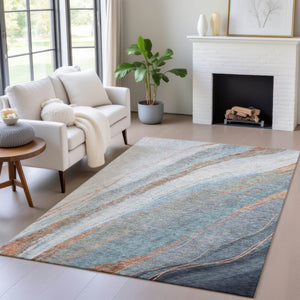HomeRoots 8' X 10' Blue and Copper Abstract Washable Area Rug - Stylish, Durable for Indoor & Outdoor Use! 629880