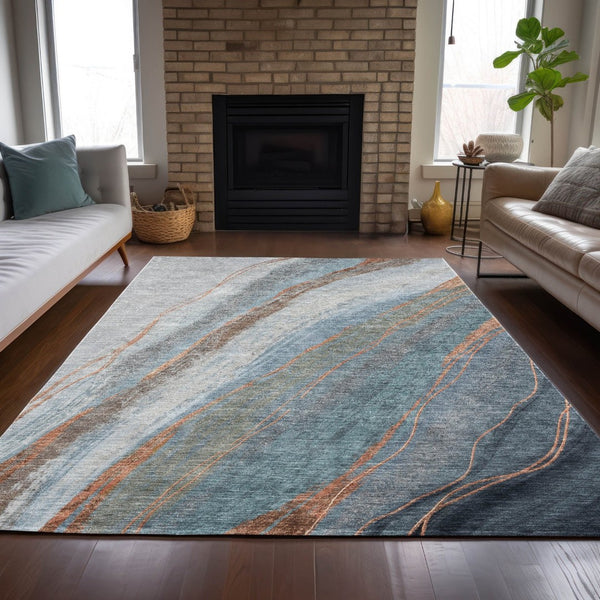 HomeRoots 8' X 10' Blue and Copper Abstract Washable Area Rug - Stylish, Durable for Indoor & Outdoor Use! 629880