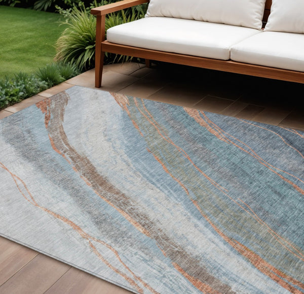 HomeRoots 10' Blue & Copper Abstract Indoor Outdoor Area Rug - Durable, Washable, Stylish for High-Traffic Spaces 629882