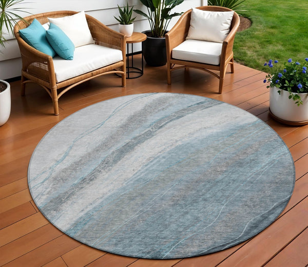 HomeRoots 8' Teal Blue and Gray Round Abstract Rug - Stylish, Washable Area Rug for Indoor & Outdoor Spaces 629897
