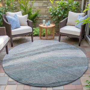 HomeRoots 8' Teal Blue and Gray Round Abstract Rug - Stylish, Washable Area Rug for Indoor & Outdoor Spaces 629897