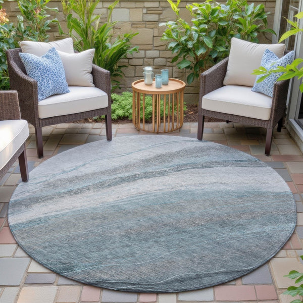 HomeRoots 8' Teal Blue and Gray Round Abstract Rug - Stylish, Washable Area Rug for Indoor & Outdoor Spaces 629897