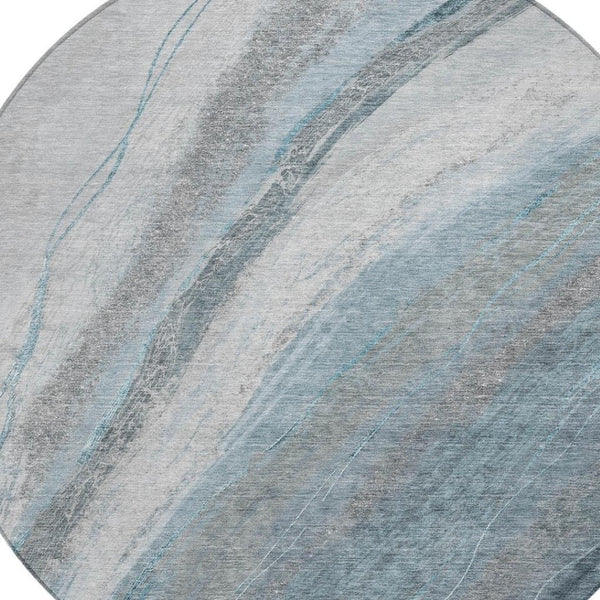 HomeRoots 8' Teal Blue and Gray Round Abstract Rug - Stylish, Washable Area Rug for Indoor & Outdoor Spaces 629897
