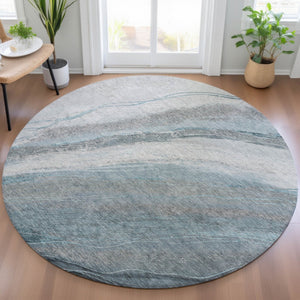 HomeRoots 8' Teal Blue and Gray Round Abstract Rug - Stylish, Washable Area Rug for Indoor & Outdoor Spaces 629897