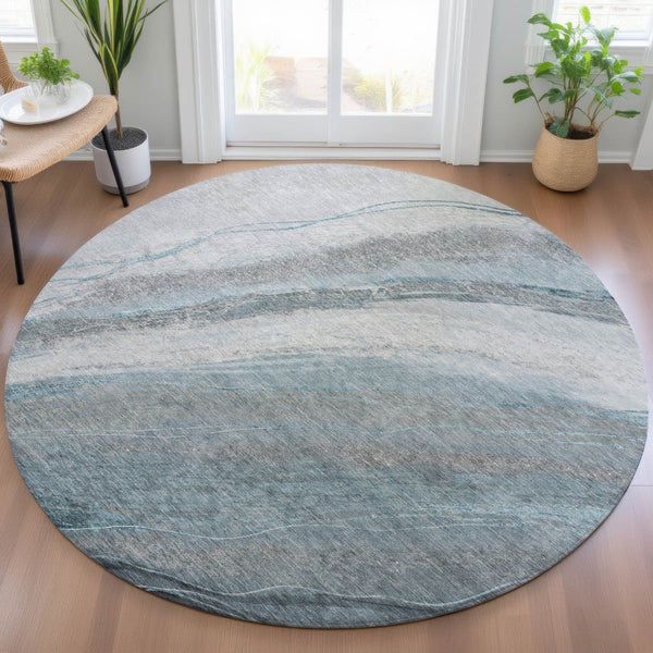 HomeRoots 8' Teal Blue and Gray Round Abstract Rug - Stylish, Washable Area Rug for Indoor & Outdoor Spaces 629897