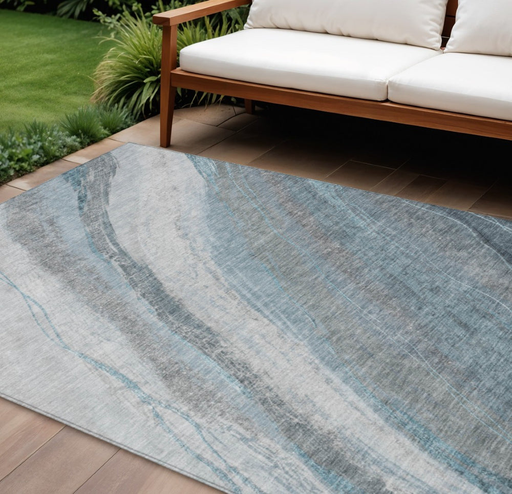 HomeRoots 8' X 10' Teal Blue and Gray Abstract Indoor-Outdoor Area Rug – Washable, Durable, Stylish Décor! 629898