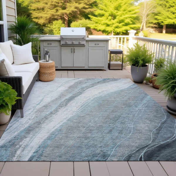 HomeRoots 9' X 12' Teal Blue & Gray Abstract Washable Area Rug – Modern, Durable for Indoor & Outdoor Use! 629899