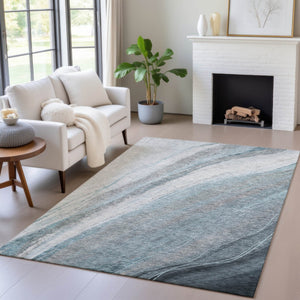 HomeRoots 9' X 12' Teal Blue & Gray Abstract Washable Area Rug – Modern, Durable for Indoor & Outdoor Use! 629899