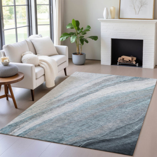 HomeRoots 9' X 12' Teal Blue & Gray Abstract Washable Area Rug – Modern, Durable for Indoor & Outdoor Use! 629899