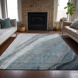 HomeRoots 9' X 12' Teal Blue & Gray Abstract Washable Area Rug – Modern, Durable for Indoor & Outdoor Use! 629899