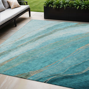 HomeRoots 5' Turquoise and Taupe Abstract Area Rug - Stylish, Washable Outdoor/Indoor Rug for High Traffic Areas 629902