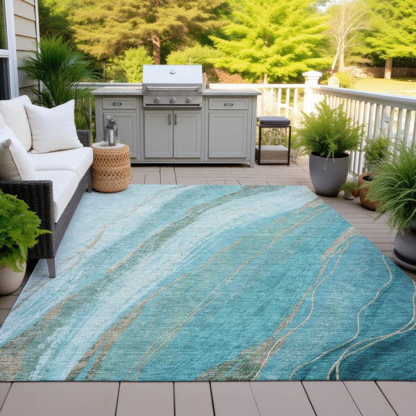 HomeRoots 5' Turquoise and Taupe Abstract Area Rug - Stylish, Washable Outdoor/Indoor Rug for High Traffic Areas 629902