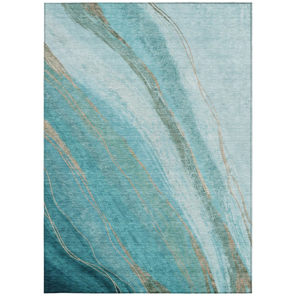 HomeRoots 5' Turquoise and Taupe Abstract Area Rug - Stylish, Washable Outdoor/Indoor Rug for High Traffic Areas 629902