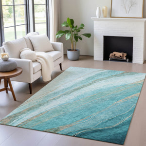 HomeRoots 5' Turquoise and Taupe Abstract Area Rug - Stylish, Washable Outdoor/Indoor Rug for High Traffic Areas 629902