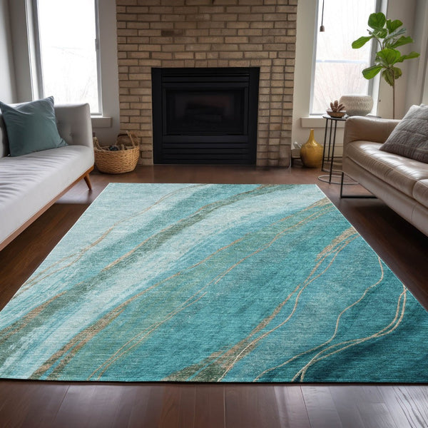 HomeRoots 5' Turquoise and Taupe Abstract Area Rug - Stylish, Washable Outdoor/Indoor Rug for High Traffic Areas 629902