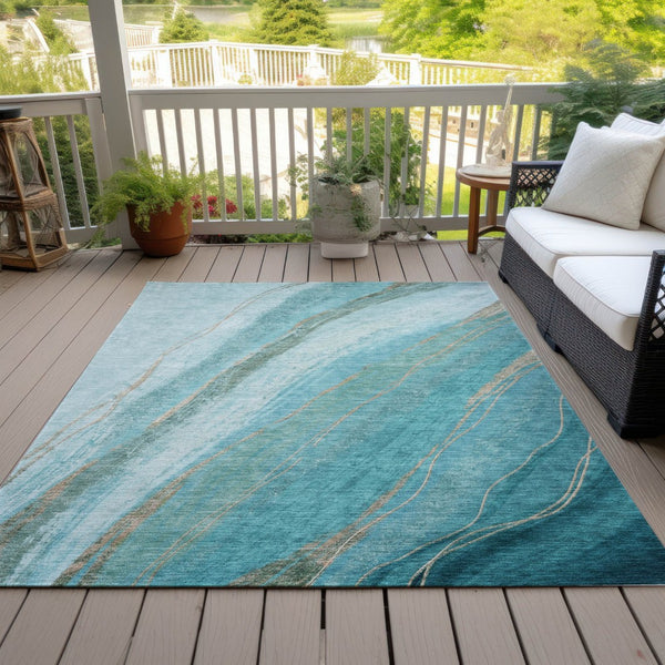 HomeRoots 5' Turquoise and Taupe Abstract Area Rug - Stylish, Washable Outdoor/Indoor Rug for High Traffic Areas 629902