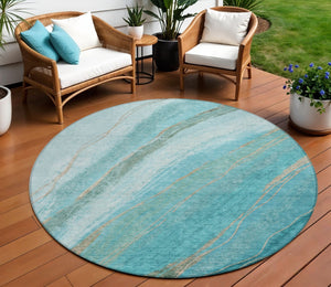 HomeRoots 8' Turquoise & Taupe Abstract Round Area Rug – Washable, Durable, Indoor/Outdoor Versatile Accent Piece 629903