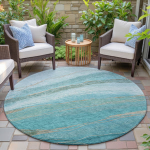HomeRoots 8' Turquoise & Taupe Abstract Round Area Rug – Washable, Durable, Indoor/Outdoor Versatile Accent Piece 629903