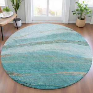 HomeRoots 8' Turquoise & Taupe Abstract Round Area Rug – Washable, Durable, Indoor/Outdoor Versatile Accent Piece 629903