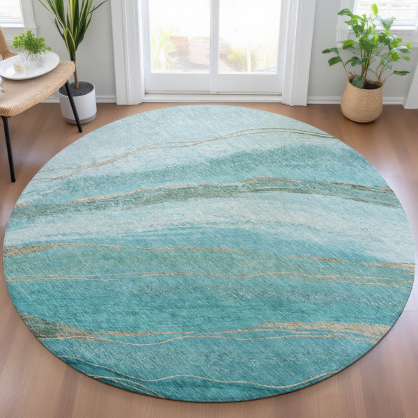 HomeRoots 8' Turquoise & Taupe Abstract Round Area Rug – Washable, Durable, Indoor/Outdoor Versatile Accent Piece 629903