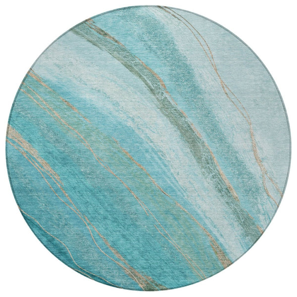 HomeRoots 8' Turquoise & Taupe Abstract Round Area Rug – Washable, Durable, Indoor/Outdoor Versatile Accent Piece 629903