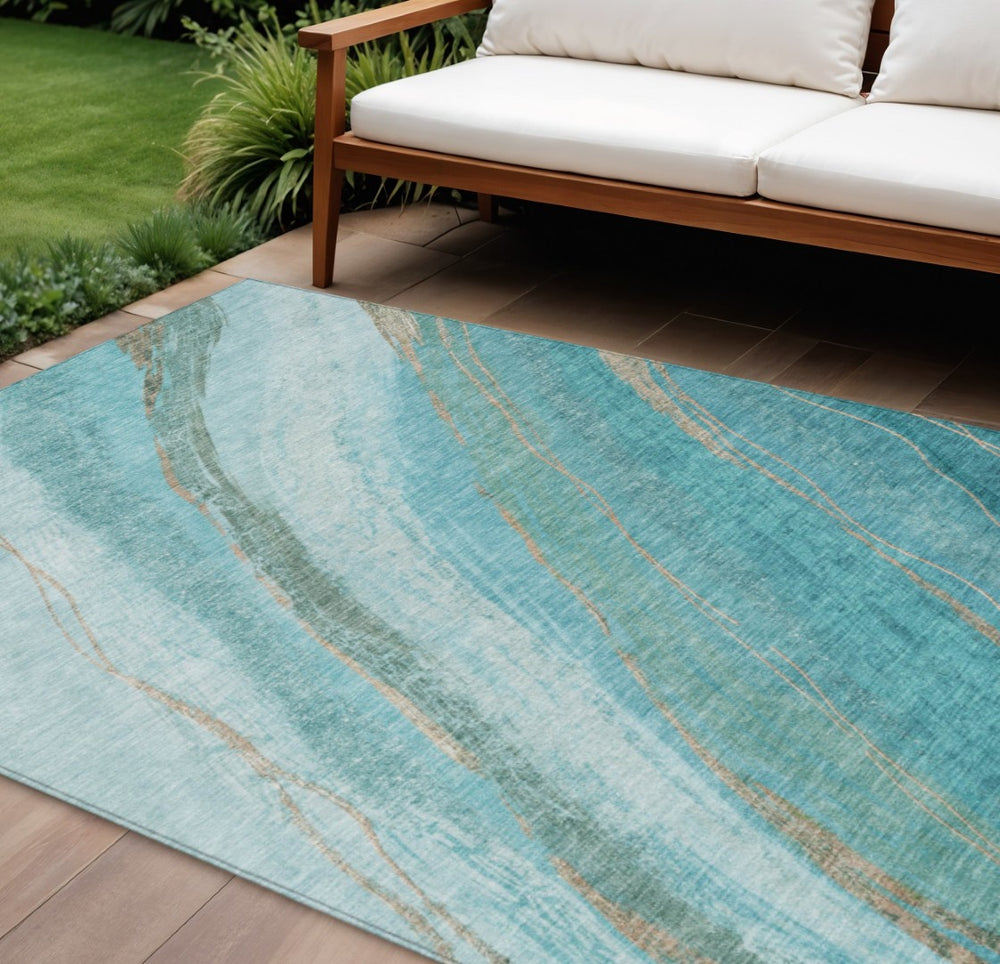HomeRoots 9' X 12' Turquoise and Taupe Abstract Area Rug - Durable, Washable, Stylish for Indoor & Outdoor Use 629905