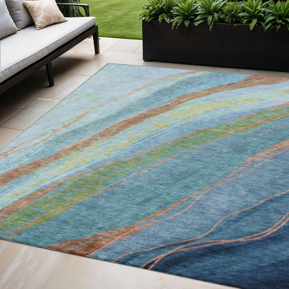 HomeRoots 5' X 8' Stylish Blue Copper Green Abstract Washable Area Rug for Indoor Outdoor Versatile Use 629908